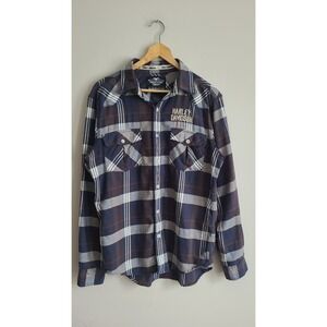 Harley-Davidson Mens Plaid Western Button Down Shirt‎ Navy Blue Brown Size M